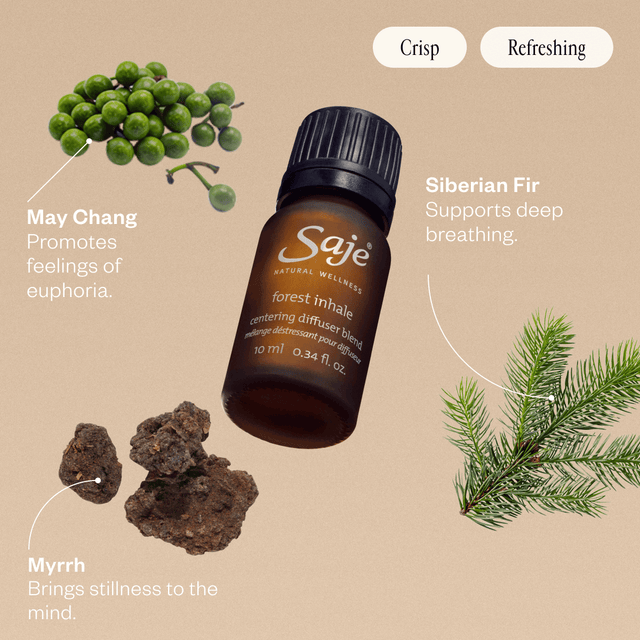 Forest Inhale Diffuser Blend against a light background with text highlighting the key ingredients