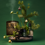 Aroma Lustre diffuser and two diffuser blends arranged among festive decor.  