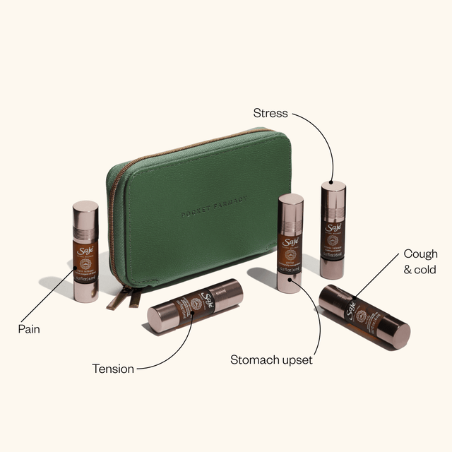 Pocket Farmacy Physical Edition with green leather case, 5 roll-ons scattered and text highlighting the benefits of each roll-on